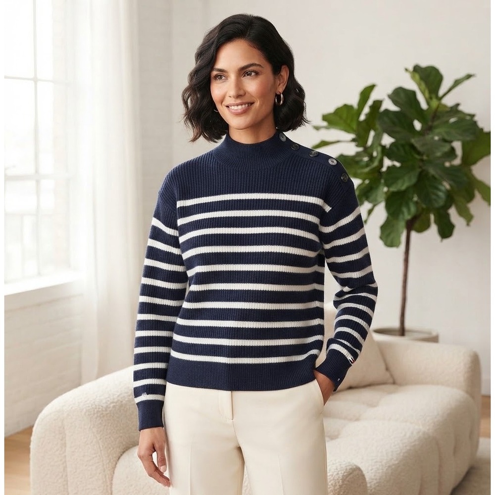 LOFT Sweater Small Women's Blue White Striped Pullover Button Shoulder Detail